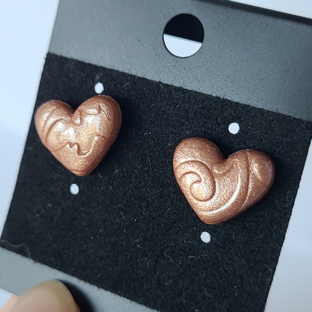 Handmade Copper Bronze Clay Mini Puffy Chunky Heart Stud Earrings